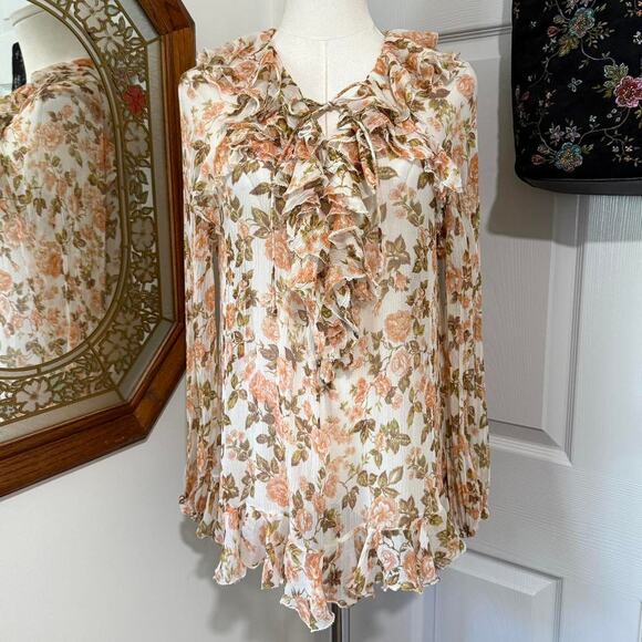 Zimmermann Cream Silk & Peach Floral Pattern Ruffled Long Sleeve Sheer Top 0/XS - Picture 4 of 8